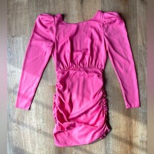 NBD x Revolve Pink Ruched Long Sleeve Puff Shoulder Mini Dress XS